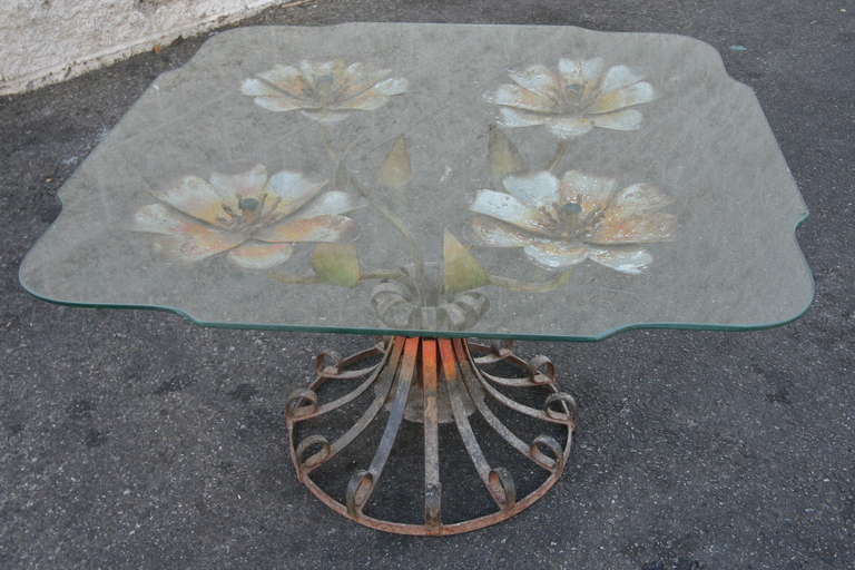 Italian 1930s Side Table with Metal Flower Base and Glass Top