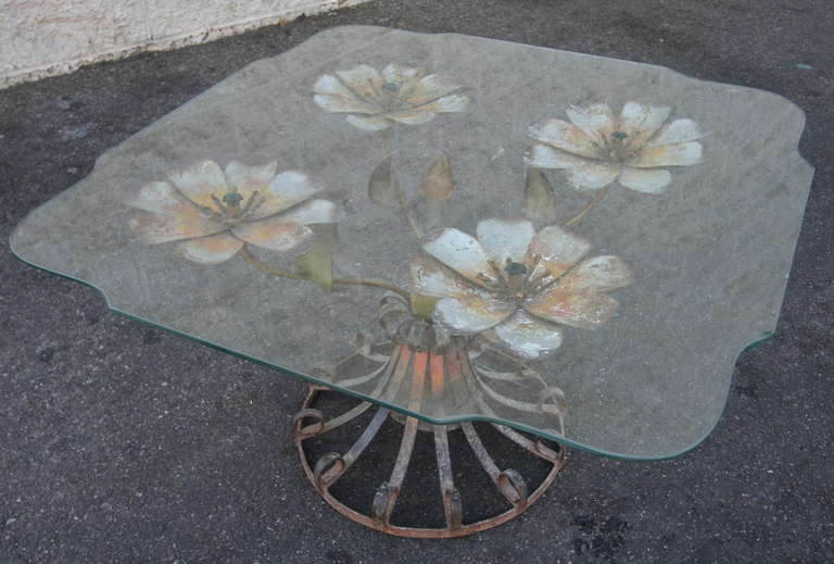 Mid-20th Century 1930s Side Table with Metal Flower Base and Glass Top