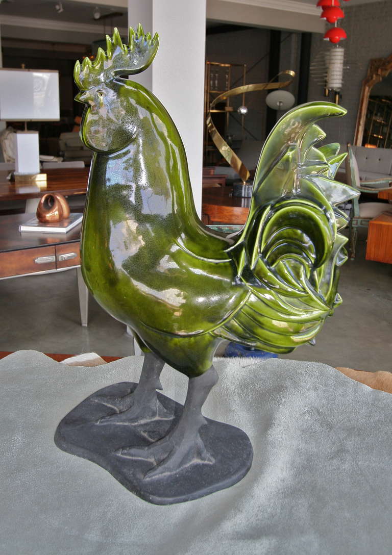 Italian Green Ceramic Rooster Statue