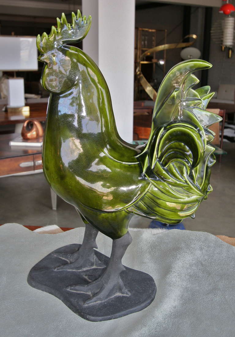 Green Ceramic Rooster Statue In Excellent Condition In Los Angeles, CA