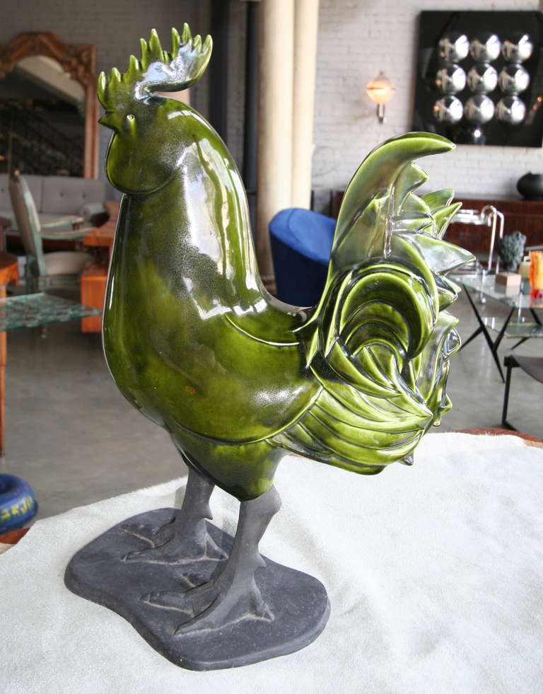 Mid-20th Century Green Ceramic Rooster Statue