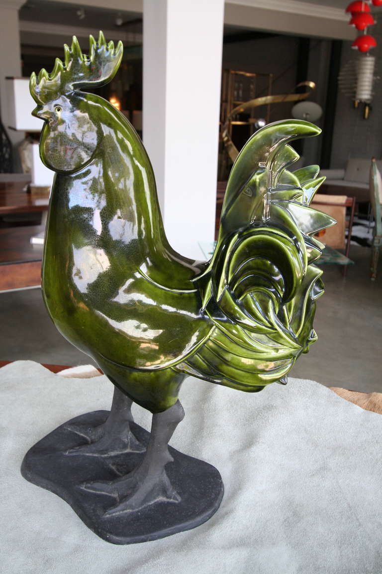 Mid-20th Century Green Ceramic Rooster Statue