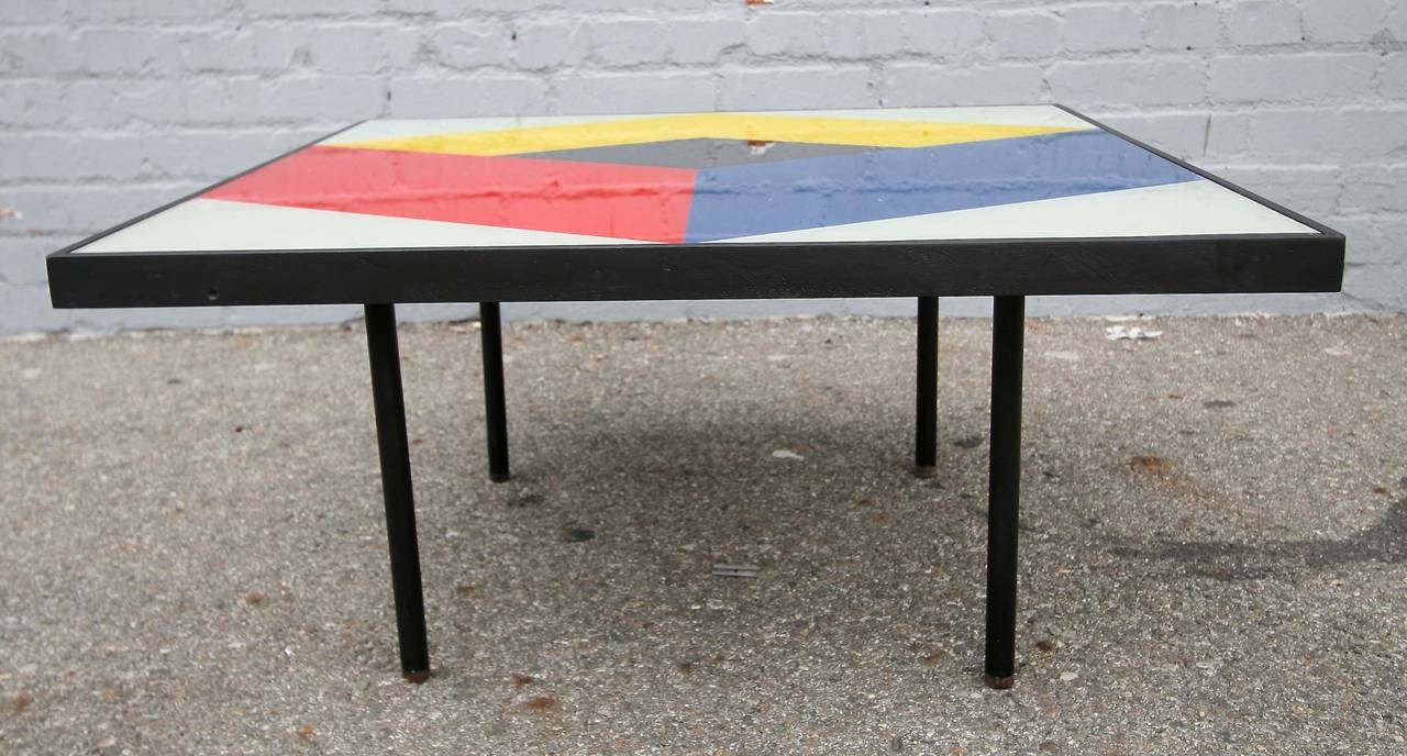 Mid-Century Modern Pair of 1960s Reverse Painted Glass Geometric Abstract Coffee Tables