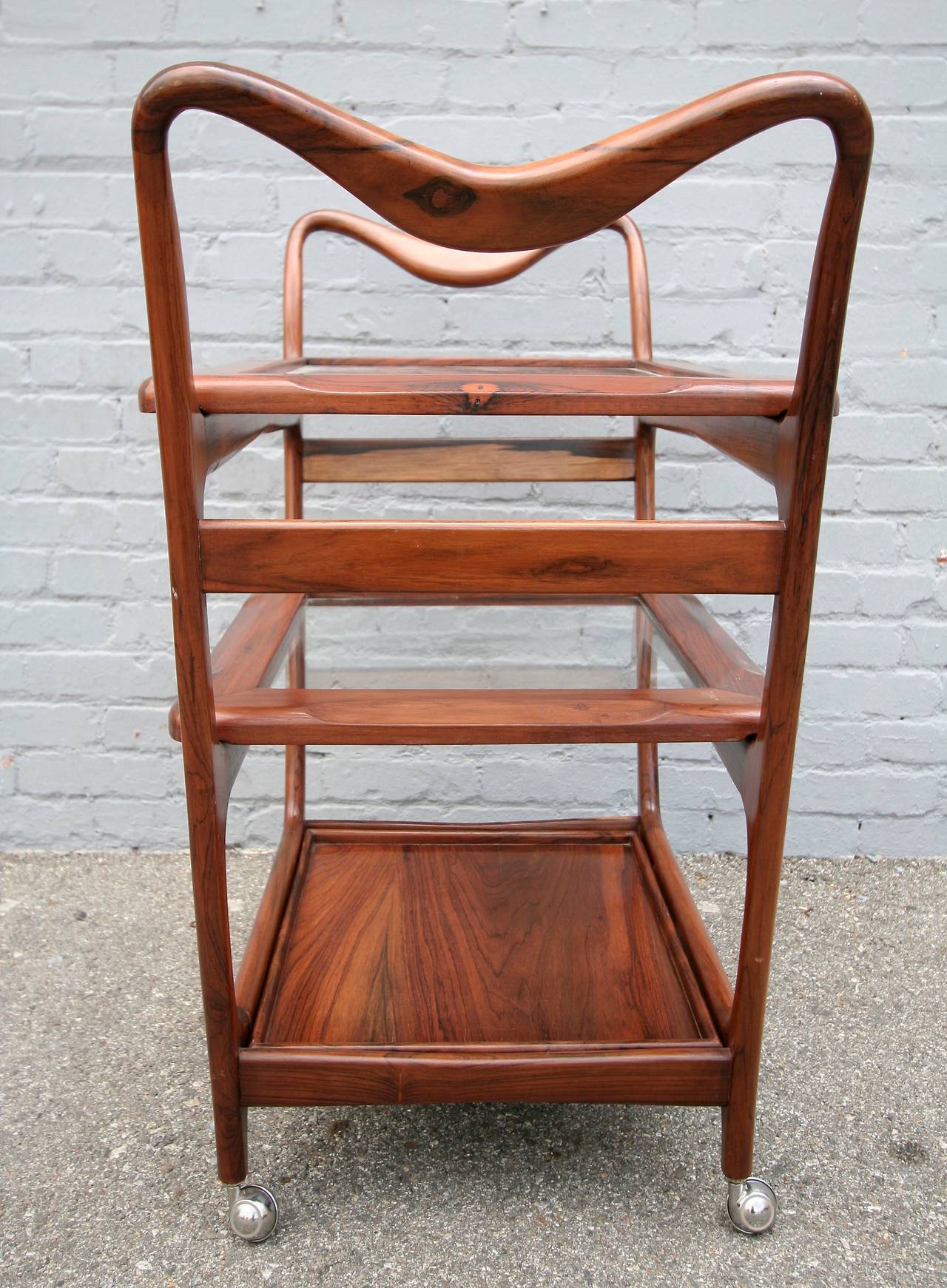 1960s Brazilian Jacaranda Wood Bar Cart by Carlo Hauner with Three Shelves In Good Condition In Los Angeles, CA