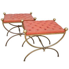 Pair of Italian Brass Stools with Tufted Cushions