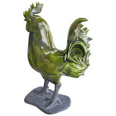 Vintage Green Ceramic Rooster Statue