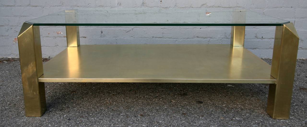 Mid-Century Modern Pair of Custom Rectangular Brass Coffee Tables with Glass Top For Sale