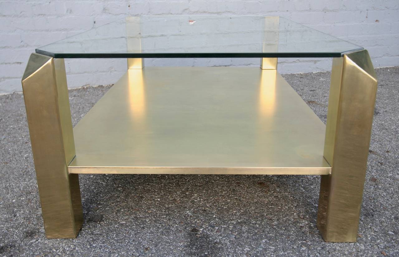 Italian Pair of Custom Rectangular Brass Coffee Tables with Glass Top For Sale