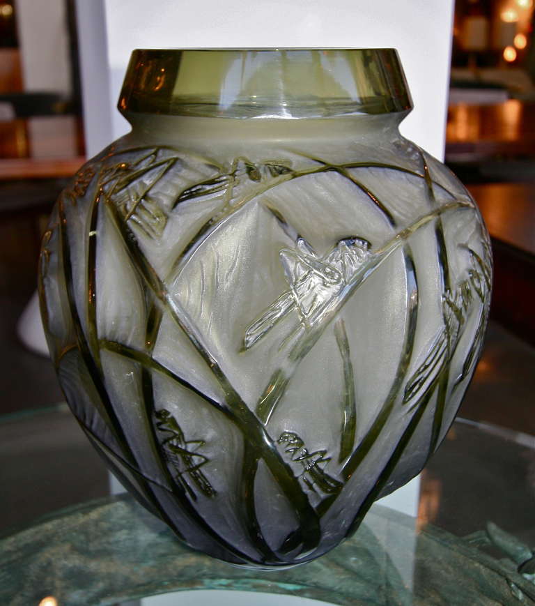 French Rene Lalique 1930s Sauterelles Grasshopper Glass Vase