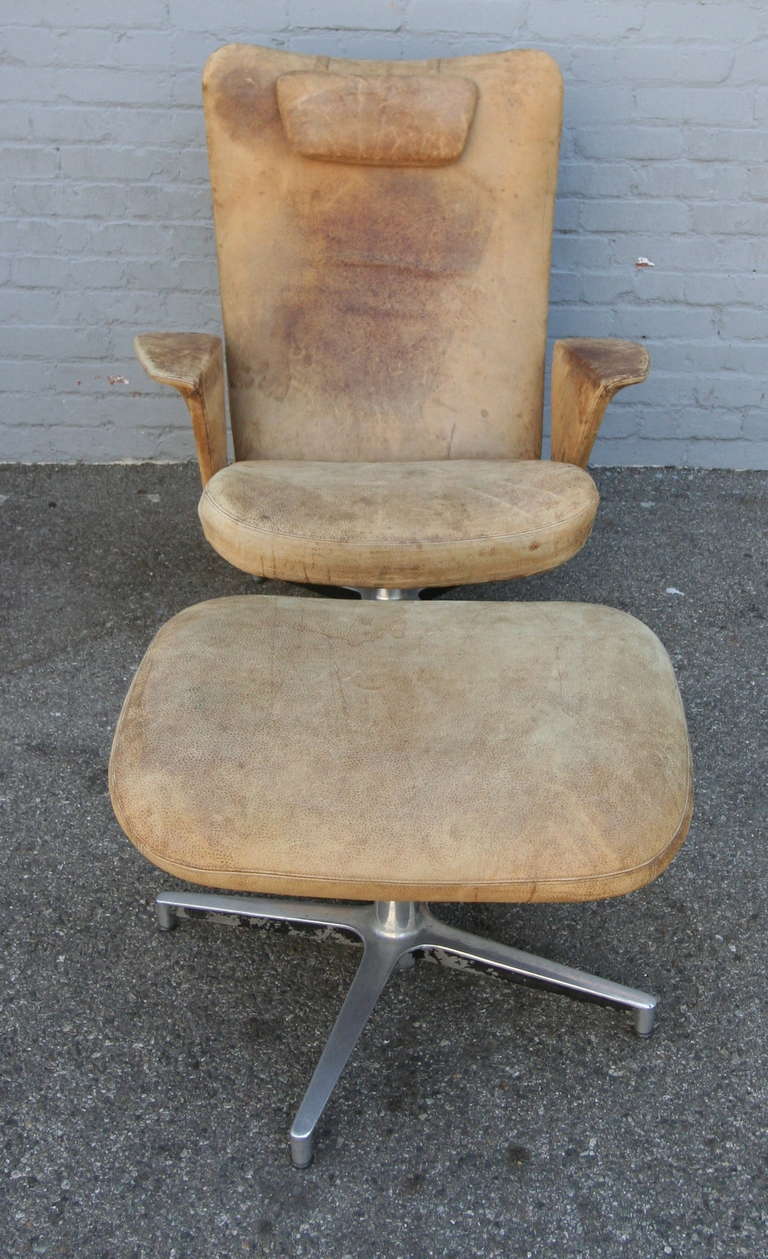 Mid-Century Modern Weathered Lounge Chair with Ottoman from 1950s