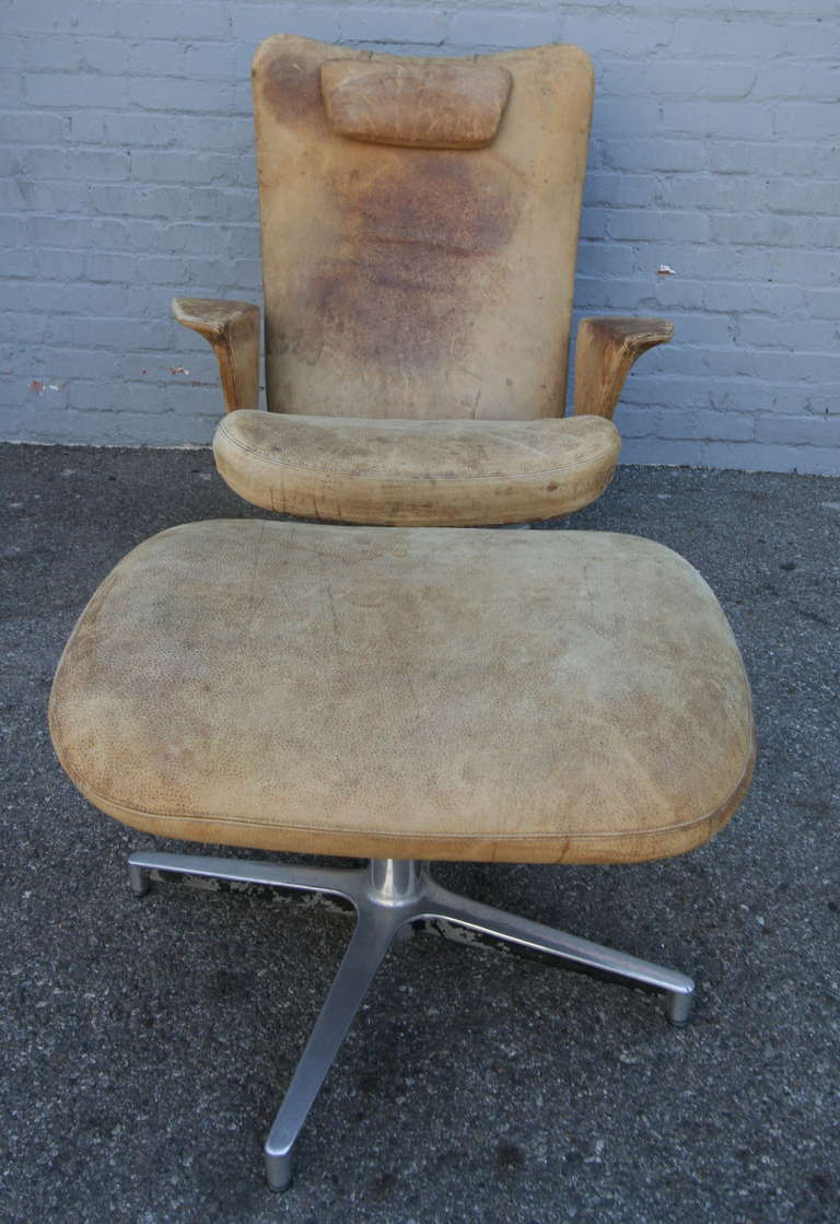 Italian Weathered Lounge Chair with Ottoman from 1950s