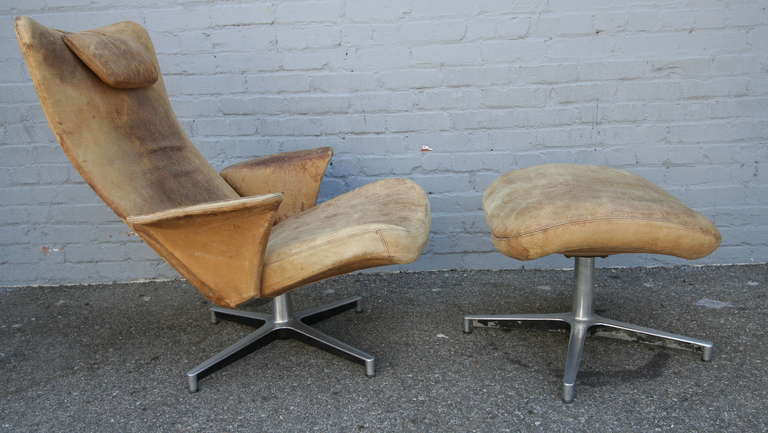 Mid-20th Century Weathered Lounge Chair with Ottoman from 1950s