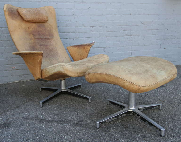 Weathered Lounge Chair with Ottoman from 1950s 2