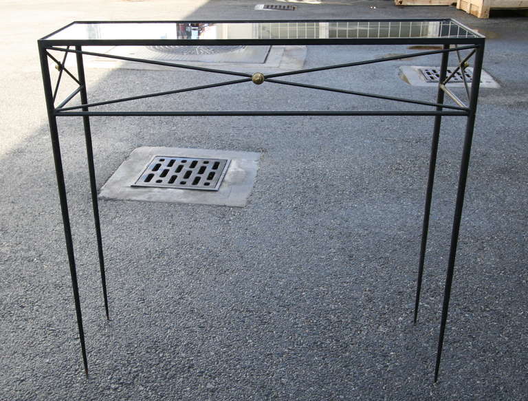 Mid-Century Modern Metal Console with Mirror Top and Brass Details
