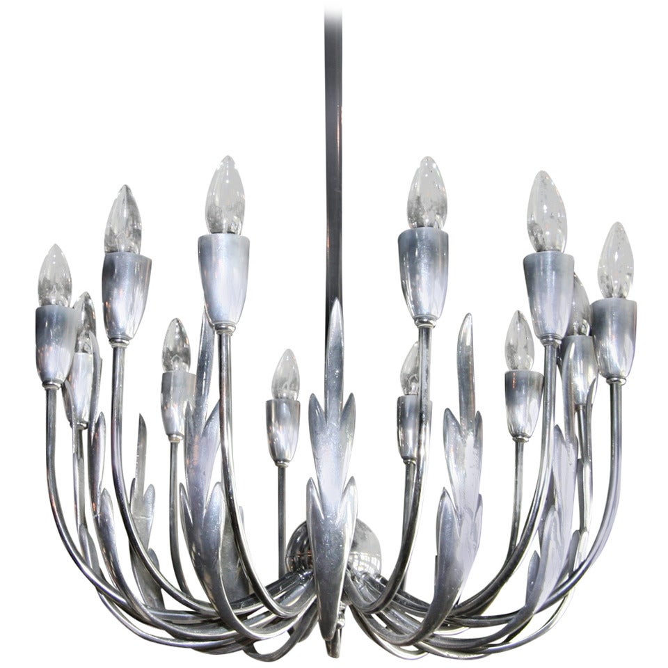 Italian 1940s pewter leaf chandelier with 12-light.