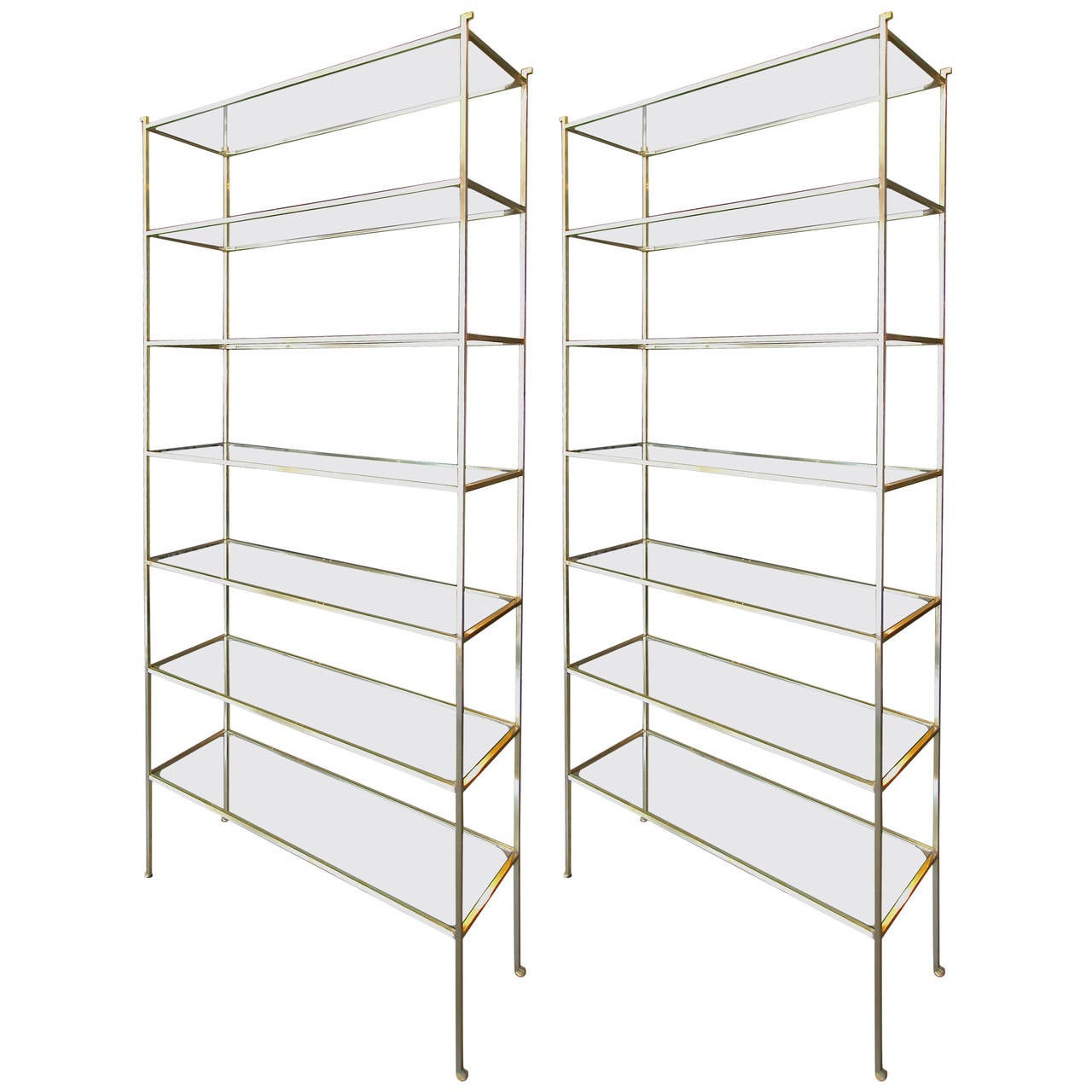 Pair of Tall Custom Brass Étagères with Glass Shelves For Sale at 1stdibs