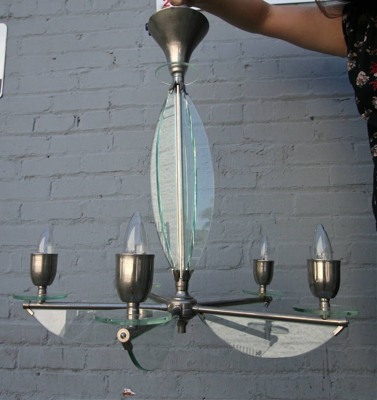 1950s Italian glass chandelier on chrome frame with five lights.