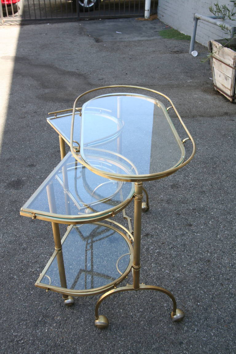 Brass Bar Cart with Retractable Shelves In Excellent Condition In Los Angeles, CA