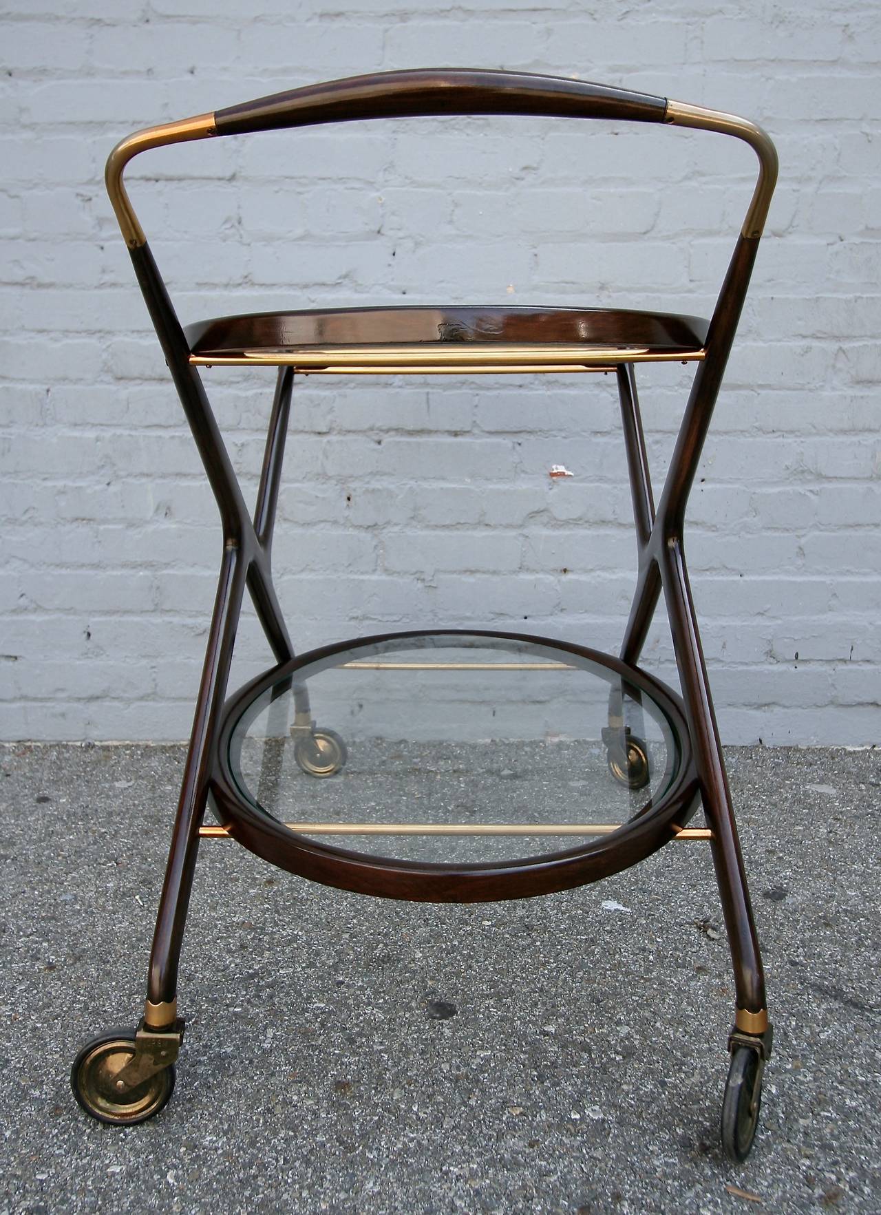 Italian Cesare Lacca 1960s Bar Cart with Glass Shelves and Brass Details