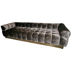 Custom Tufted Charcoal Brown Velvet Sofa with Brass Base 11