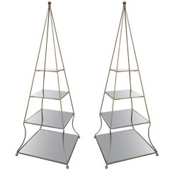 Pair of 1960s Metal Pyramid Etageres with Smoked Glass Shelves 10