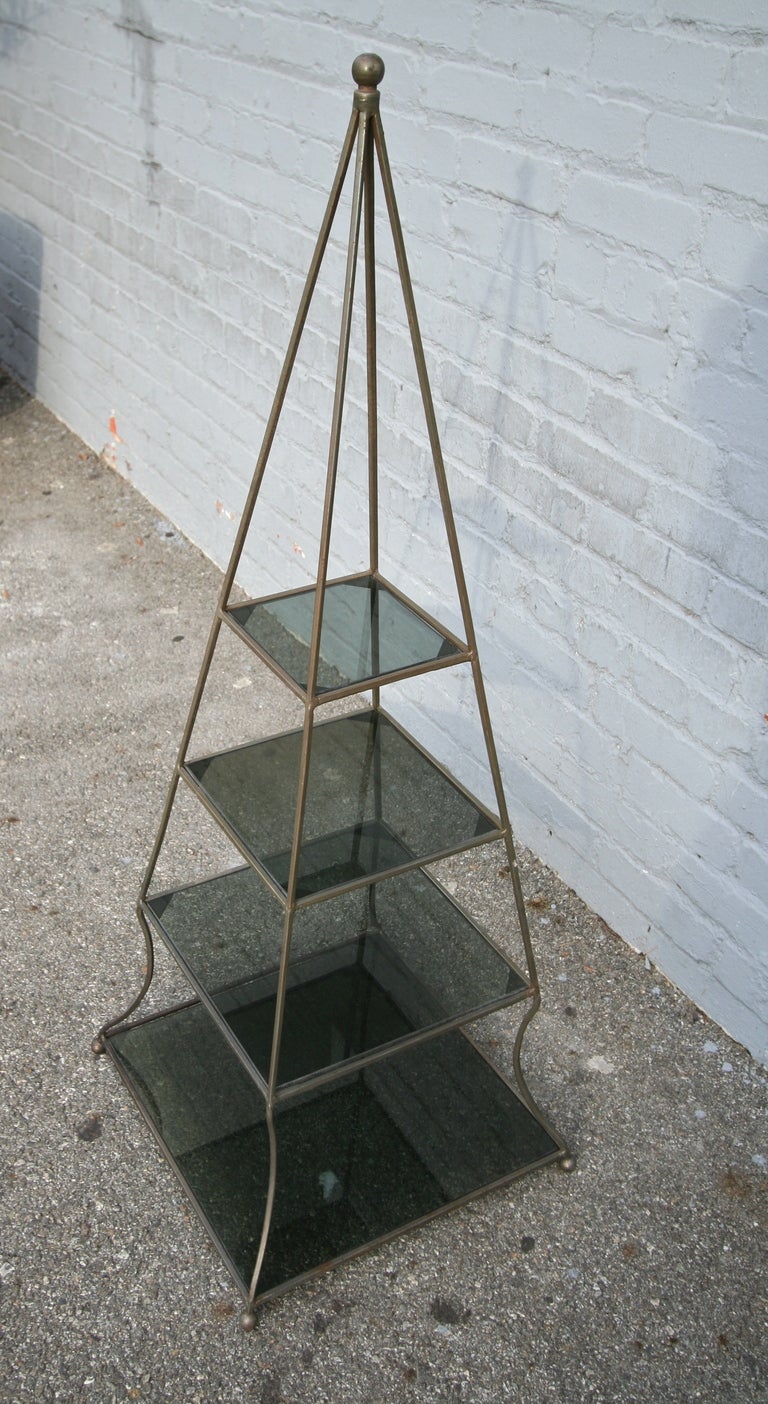 Pair of 1960s Metal Pyramid Étagères with Four Smoked Glass Shelves In Good Condition In Los Angeles, CA