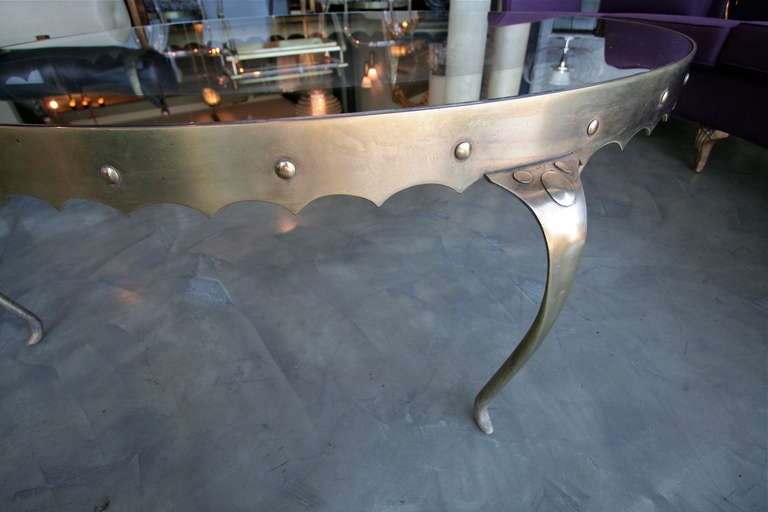 Mexican Scalloped Edge 1950s Brass Coffee Table Attributed to Arturo Pani with Glass Top