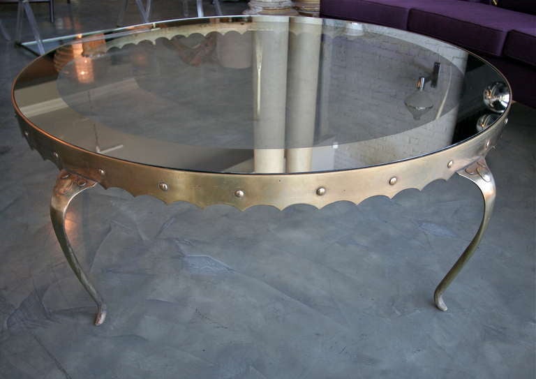 Scalloped Edge 1950s Brass Coffee Table Attributed to Arturo Pani with Glass Top In Good Condition In Los Angeles, CA