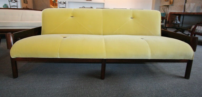 1960s Percival Lafer sofa, in Brazilian jacaranda, upholstered in yellow velvet.