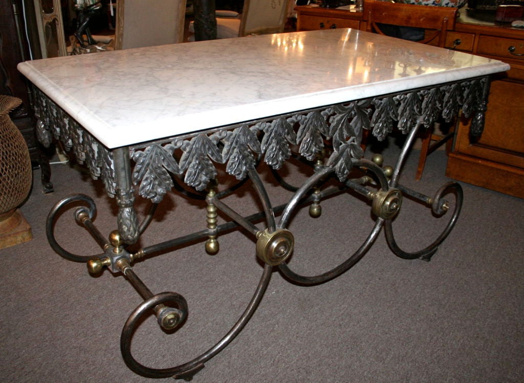 50's French baker's table, wrought iron base and marble top