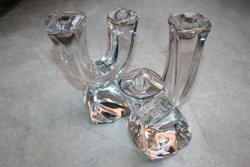 Pair of two-arm crystal candelabra candleholders by Daum, France, 1950s.