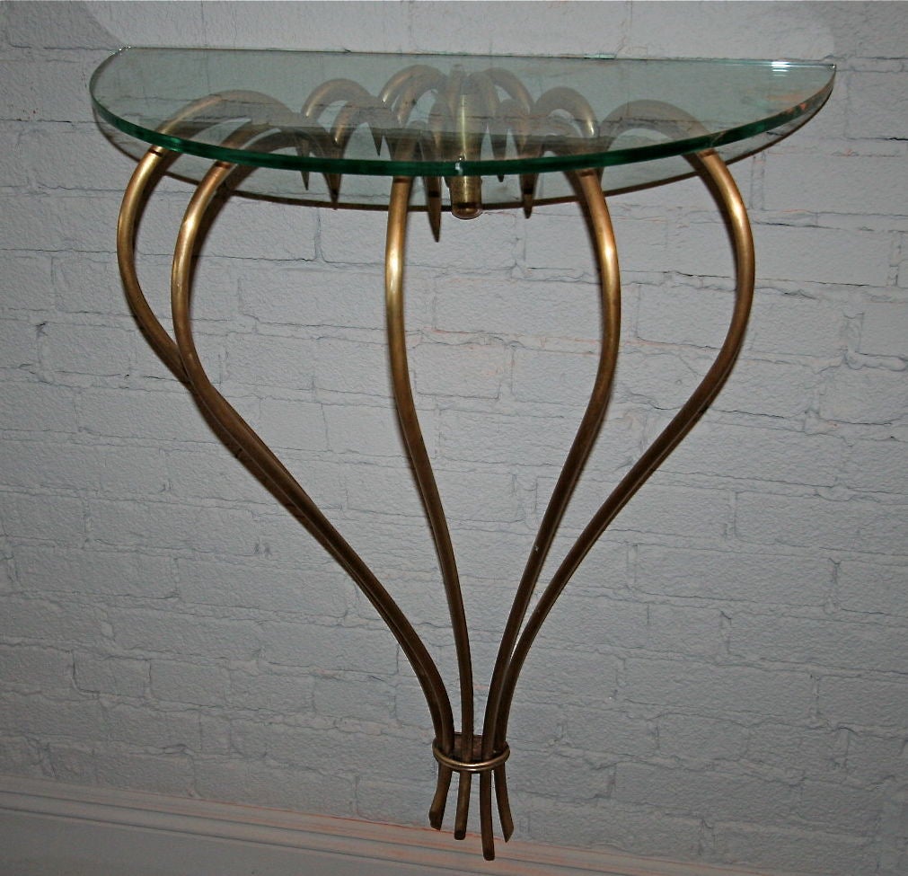 1940s French brass console with glass top