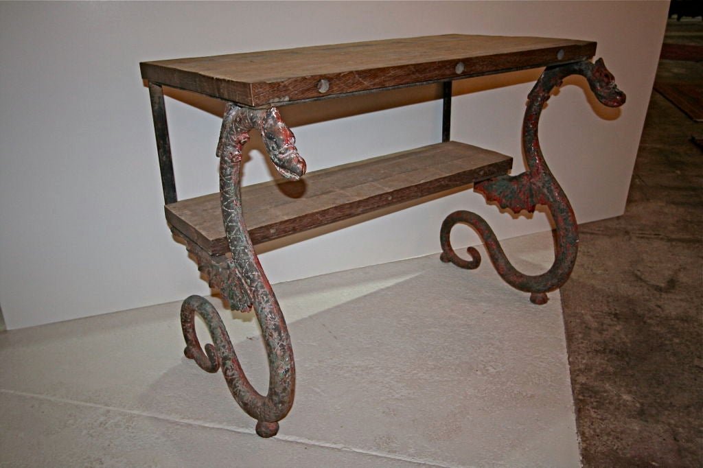 1890's iron dragon table adjusted from a french park bench