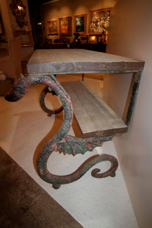 19th Century 19 c. Iron Dragon Table adjusted from French Park Bench