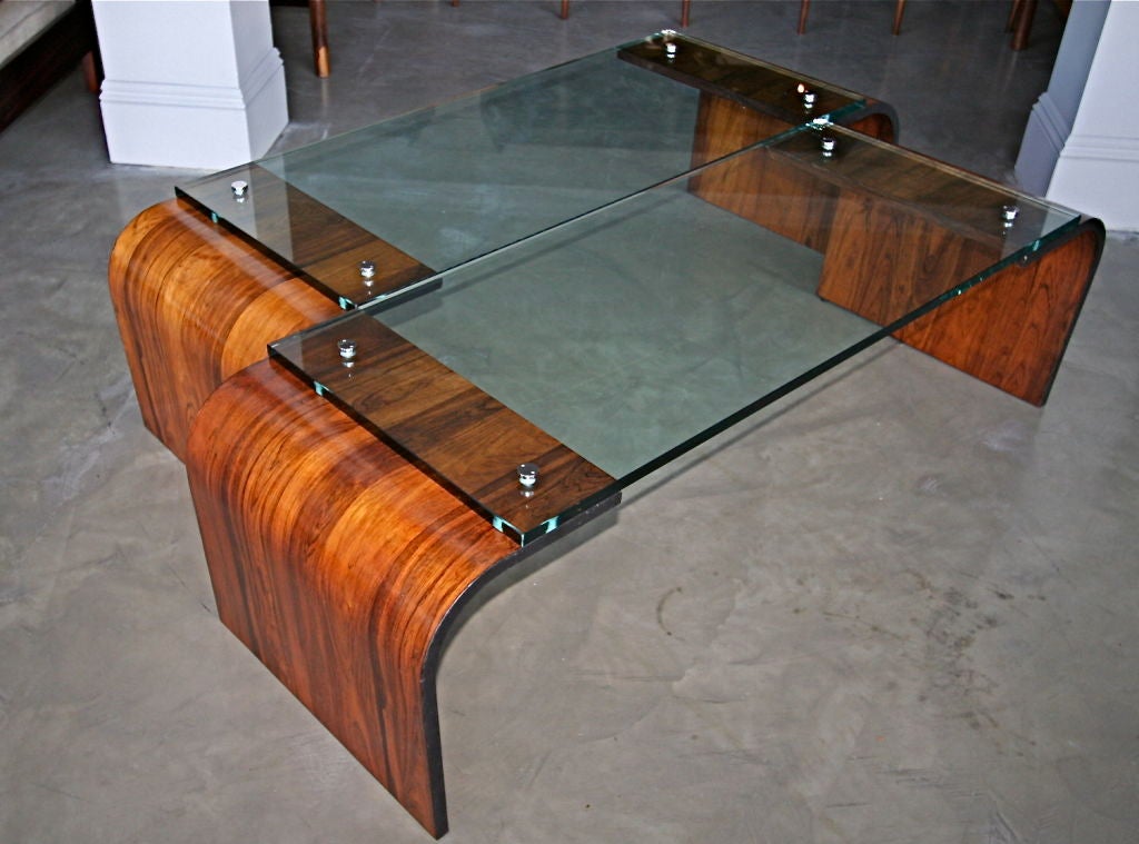 Pair of 60's jacaranda coffee/cocktail tables with glass top, by Jorge Zalszupin. Tables can be sold individually
