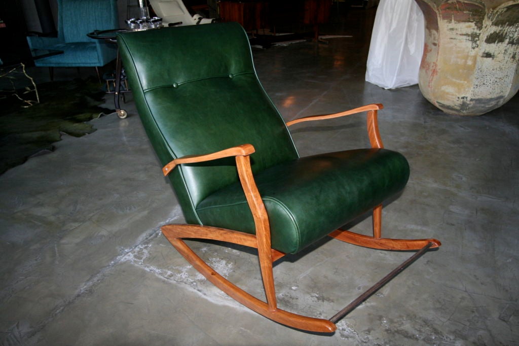 1960s Brazilian Rocking Chair in Green Leather For Sale at 1stdibs
