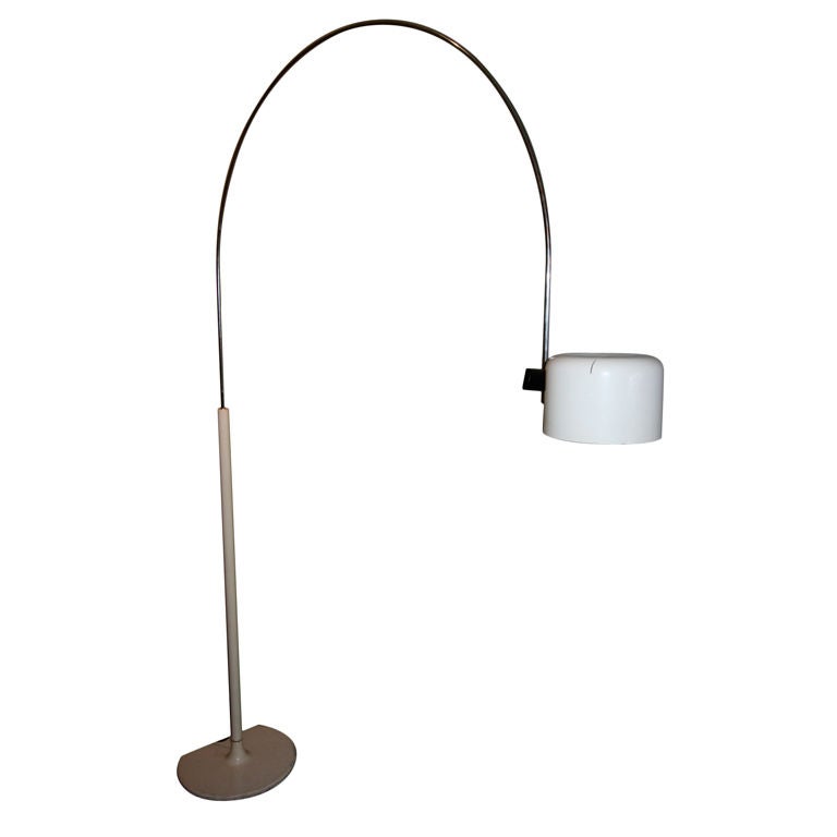 1970s Joe Colombo metal floor lamp with white metal base and arched shade and chrome arm.