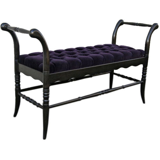 1940s ebonized black tufted Italian wood bench upholstered in purple Belgian velvet.