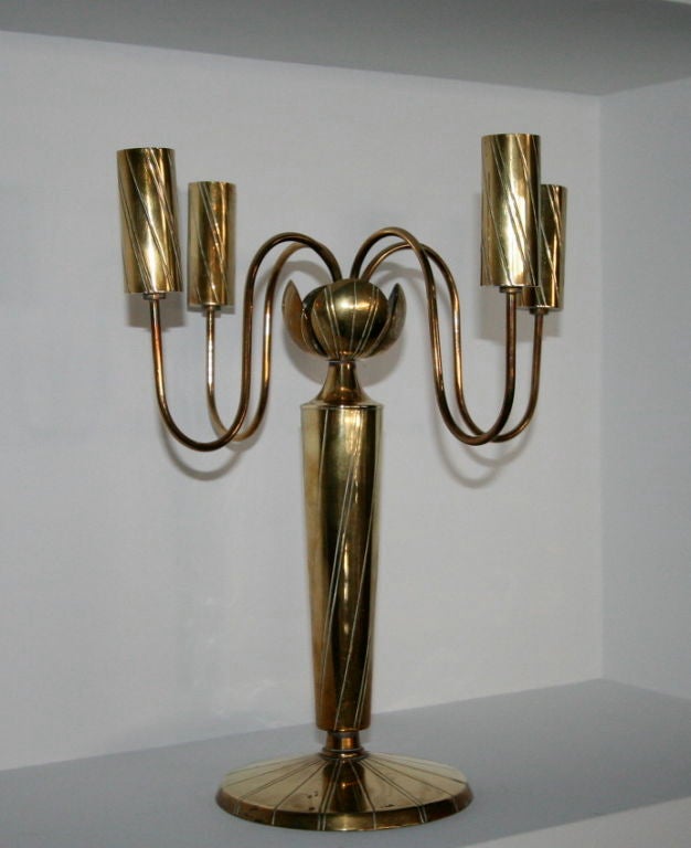 Pair of 1950's brass candleabras with four stems, by Rena Rosenthal for Hagenhauer