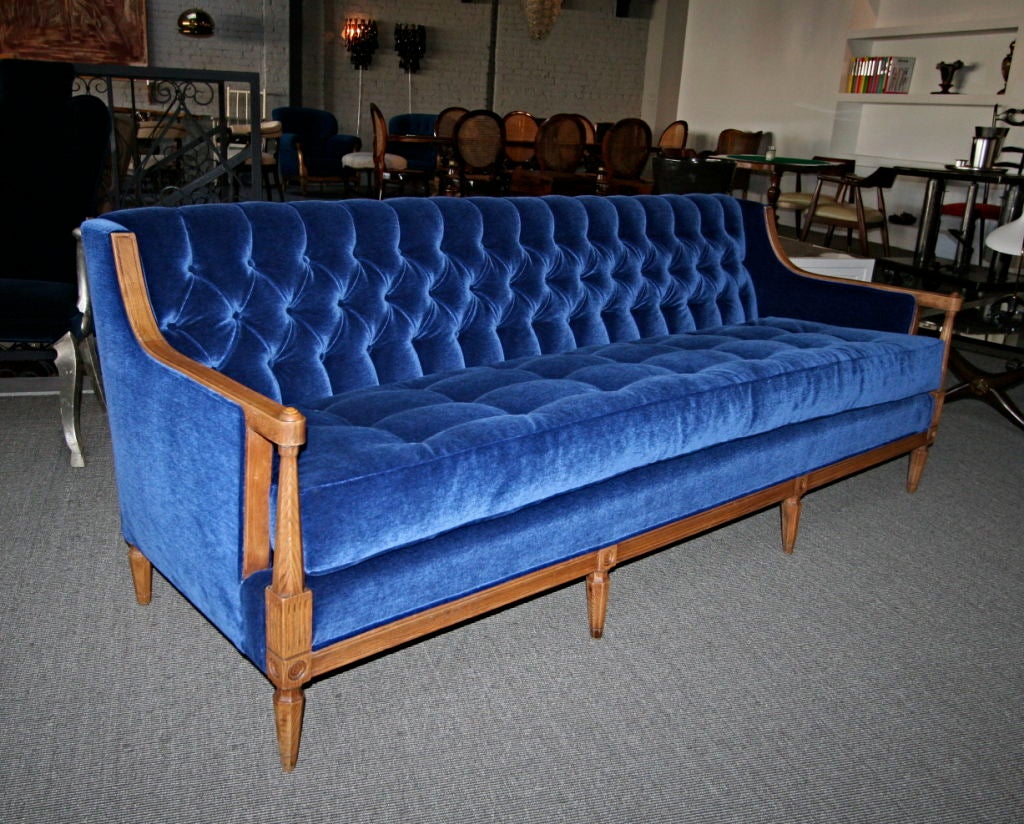 1930's blue mohair capitone sofa in oak