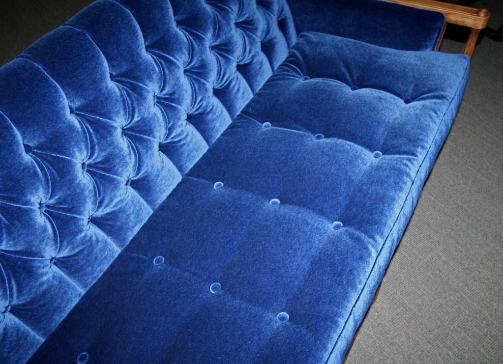 30's French Blue Mohair Capitone Sofa 1