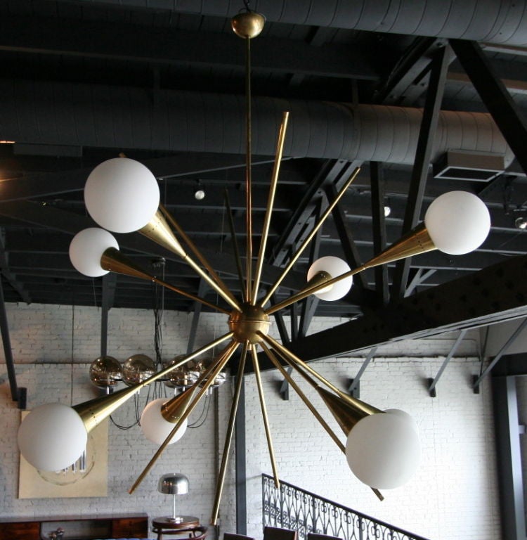 60's brass and opaline glass Italian sputnik chandelier with eight lights