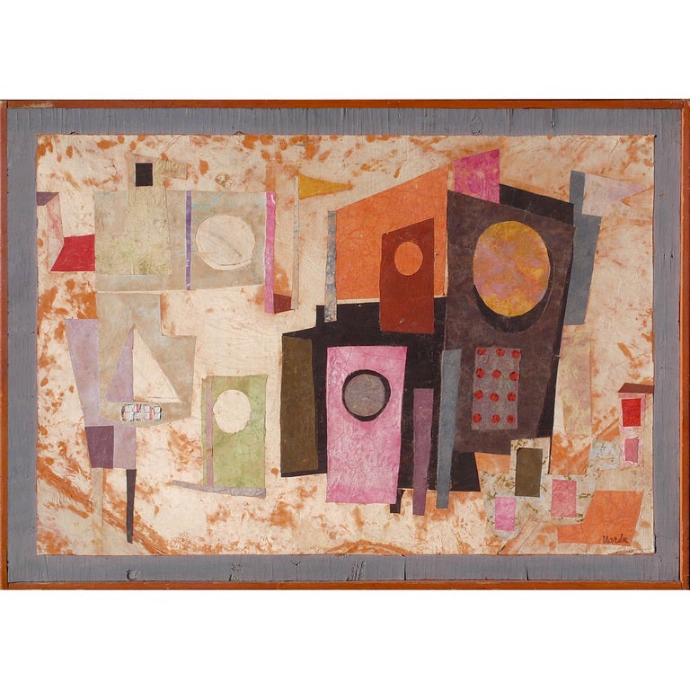 This large and important collage on board by Jean Vards was created when the artist lived on a Sausilito house boat, It is framed in the artists hand made found wood frame. It is signed Varda in the lower right corner. The image size is 46.25"