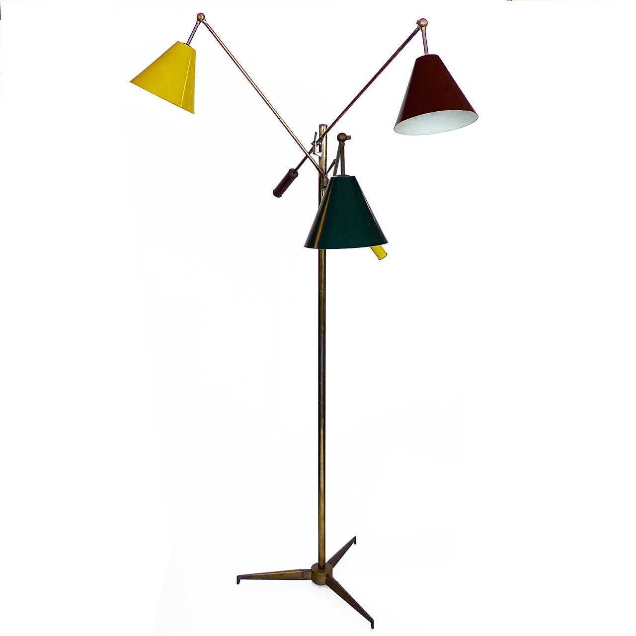This amazing adjustable floor lamp was designed by Angelo Lelli and produced in 1953. This is a rare early color combination. This lamp even retains its original brass floor switch. It is stamped on the underside of the base. The lamp is in