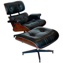 Original 1978 Rosewood Eames 670 Lounge Chair & 671 Ottoman Black Leather