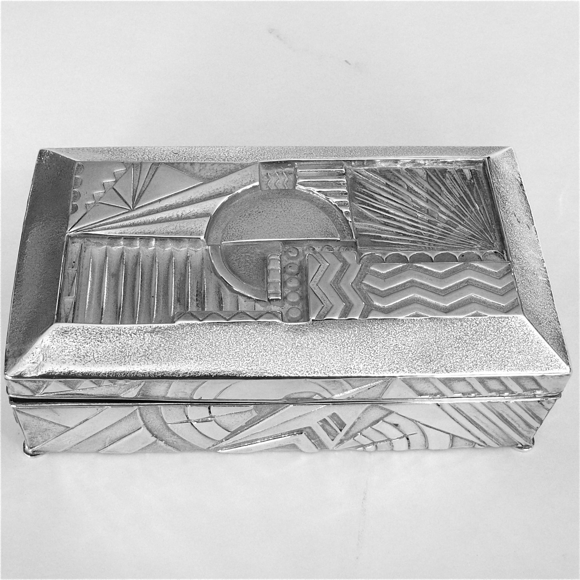 1930's Machine Age Art Deco Geometric Silver Plated Box For Sale