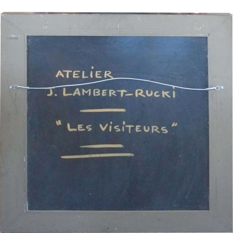 Framed oil on board painting by Jean Lambert Rucki. These early larger paintings by Lambert Rucki are extremely hard to find. This one, Les Visiteurs, is a great example of the artists work and contains all his signature elements. The image framed