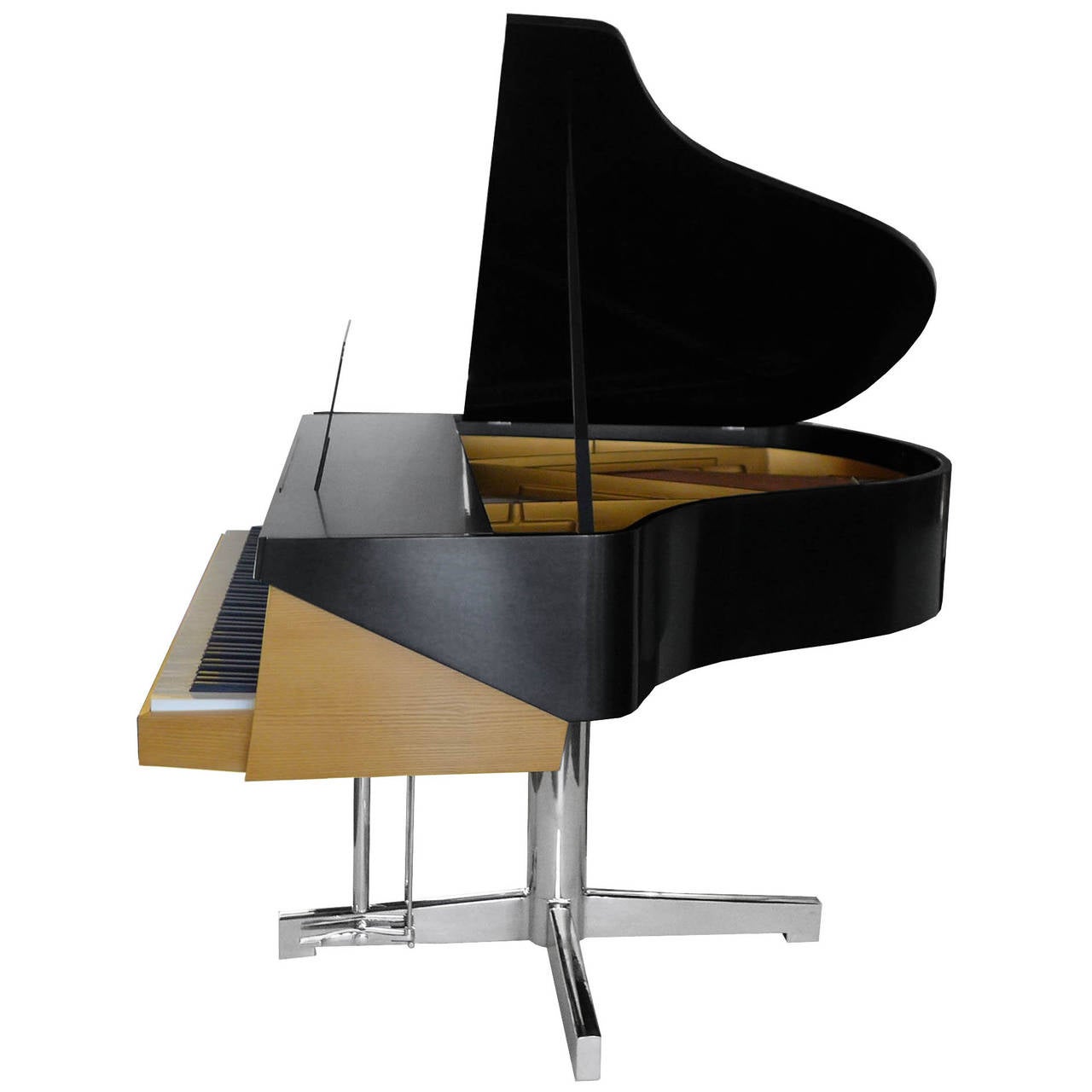 Striking modernist piano designed by architect Torben Christensen and manufactured by Andreas Christensen. Finished in a beautiful satin lacquered finish with a nickel-plated pedestal base and fittings. The clear glass music stand adds a Minimalist