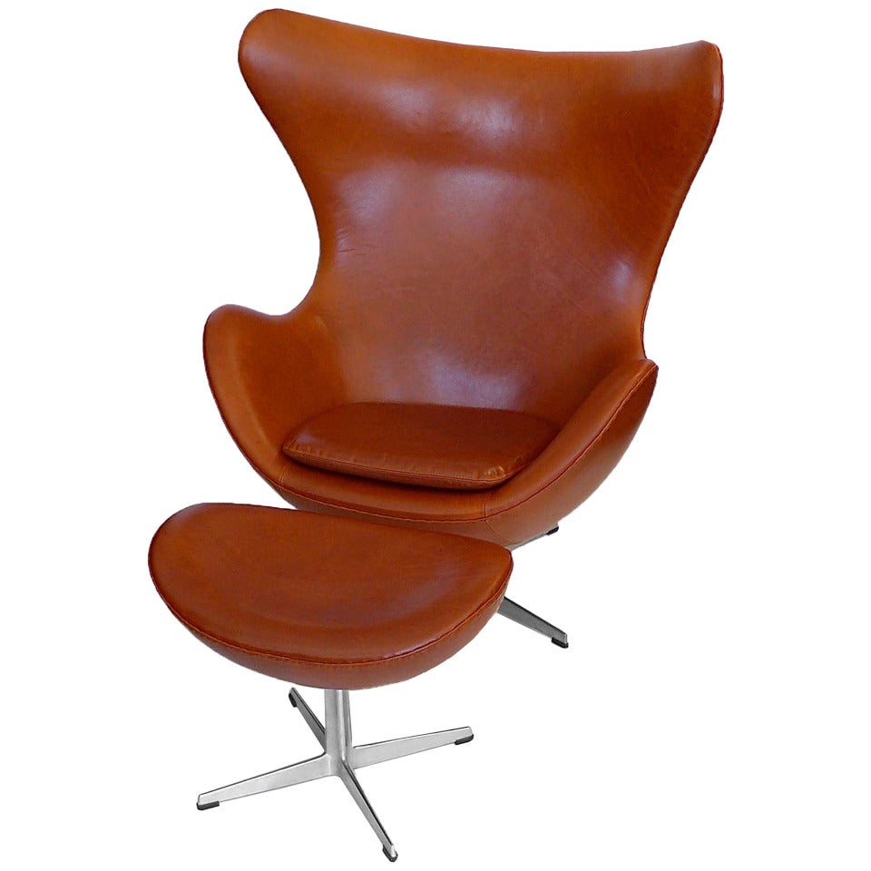 Egg Chair and Ottoman by Arne Jacobsen in Danish Chestnut Brown