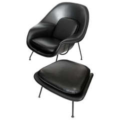 Early Womb Chair and Ottoman by Saarinen for Knoll in Black Leather